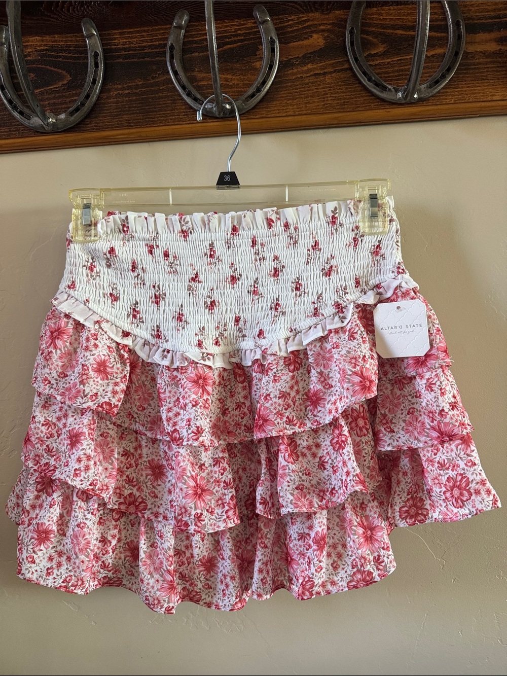 Altar'd State Pink Floral Tiered Ruffle Mini Skirt